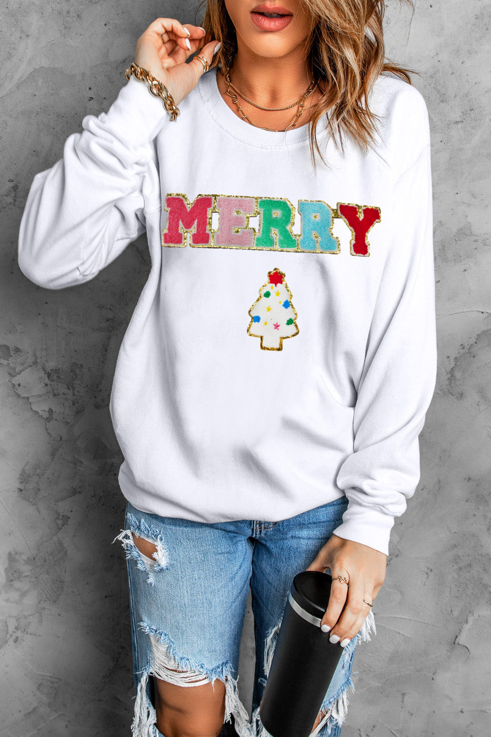 Beige MERRY Christmas Tree Chenille Patch Graphic Sweatshirt