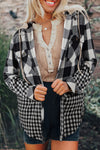 Black Plaid Patchwork Drawstring Hooded Raw Hem Shacket