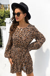 Animal Print Round Neck Balloon Sleeve Mini Dress - Cocoa Yacht Club