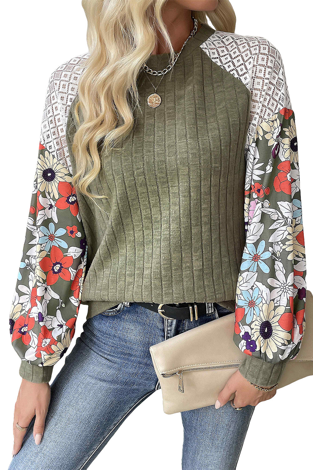 Parchment Floral Patchwork Raglan Sleeve Ribbed Blouse