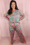 Black Plus Size Floral Printed Long Sleeve and Pants Loungewear Set