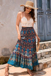 Blue Bohemian Print Lace Patchwork Maxi Skirt