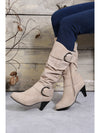 Navy Blue Dual Buckle Strap Side Zip Heeled Mid Calf Boots