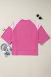 Bright Pink Ribbed Patchwork 3/4 Sleeve V Neck Loose Top