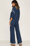 Navy Blue Loose Contrast Trim Half Sleeve Top and Drawstring Pants Set