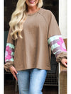 Light French Beige Flower Striped Patchwork Sleeve Plus Size Sweatshirt