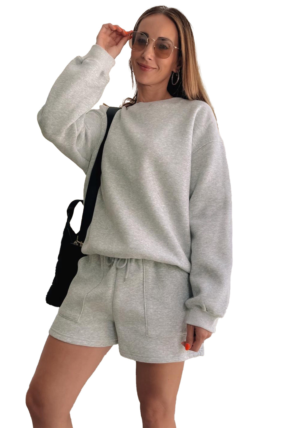 Light Grey Solid Pullover Sweatshirt and Shorts 2 Piece Set