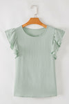 Mist Blue Solid Color Ruffle Sleeve Crinkled Blouse