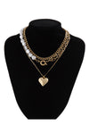 Gold 3pcs Layered Pearl Chain Bow Charm Necklace Set