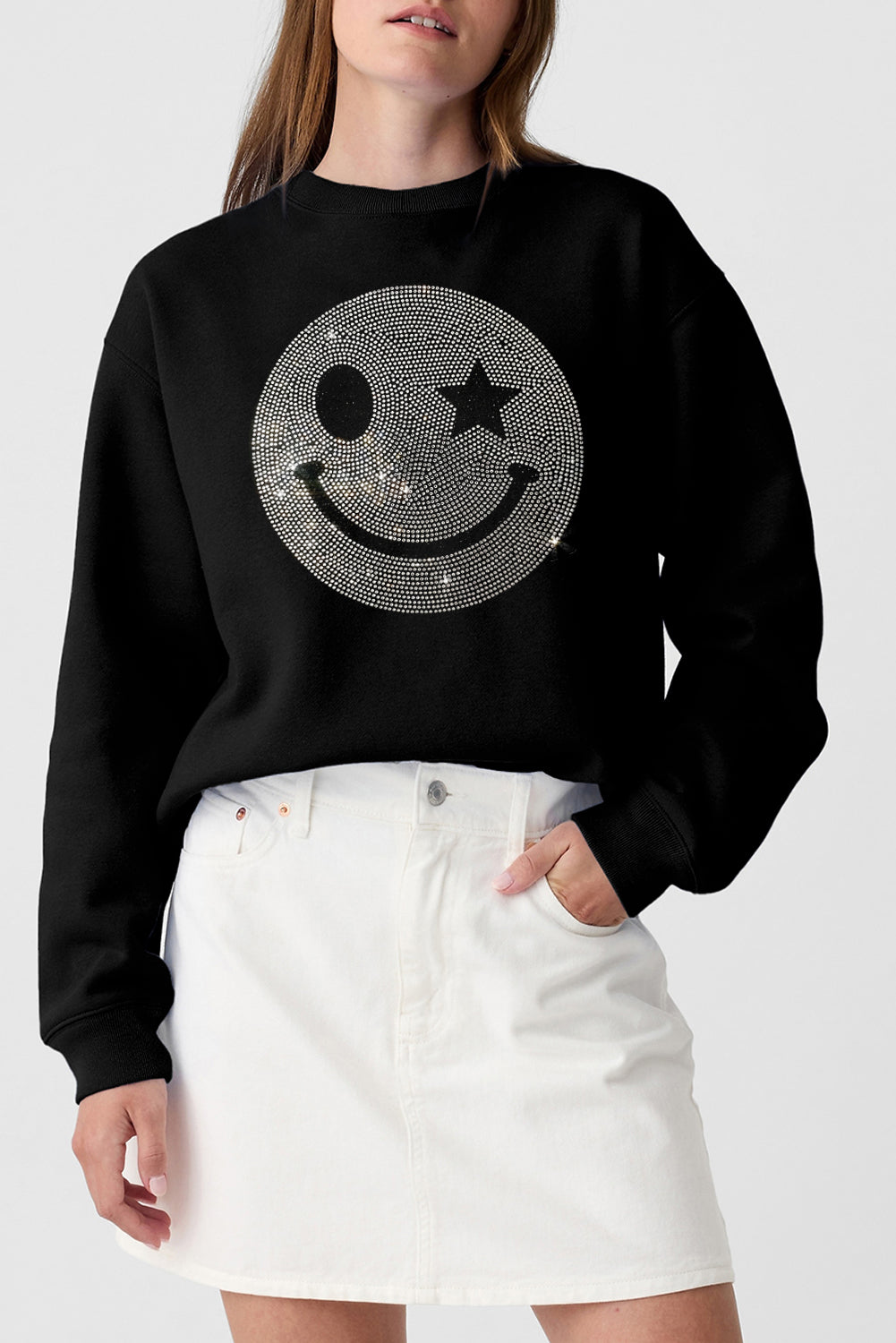 Valerian Rhinestoned Smile Graphic Crew Neck Sweatshirt