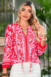 Strawberry Pink Floral Print Tie V Neck Blouse