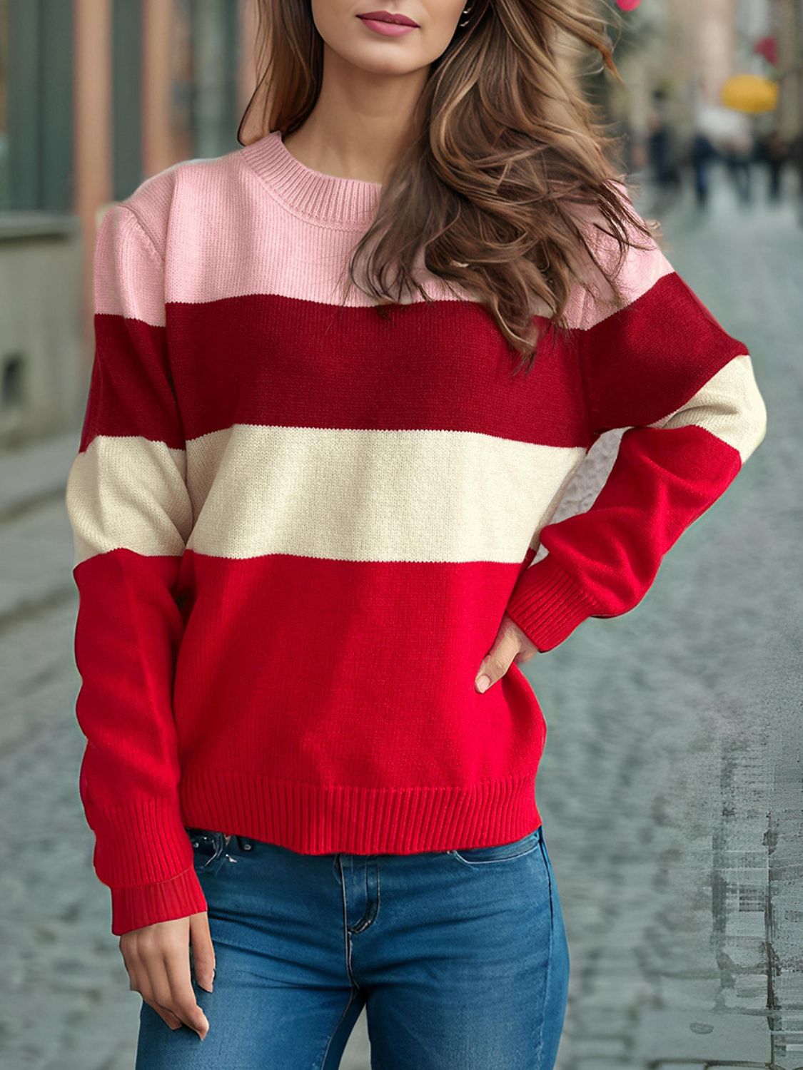 Color Block Round Neck Long Sleeve Sweater