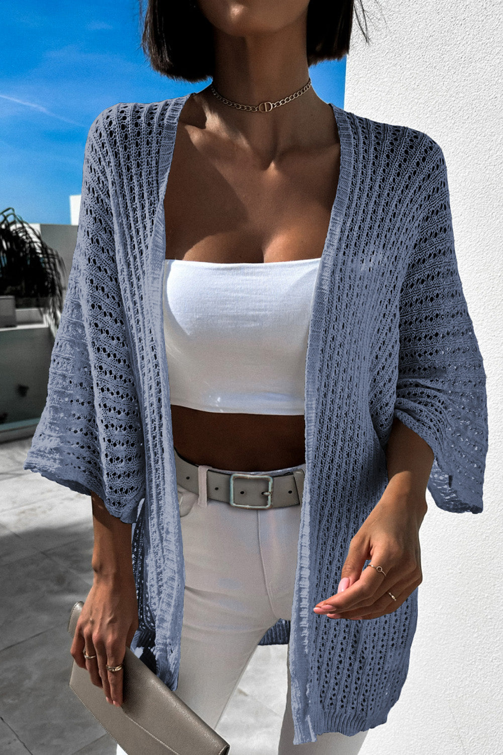 Rose Hollow-out Bracelet Sleeve Knit Cardigan