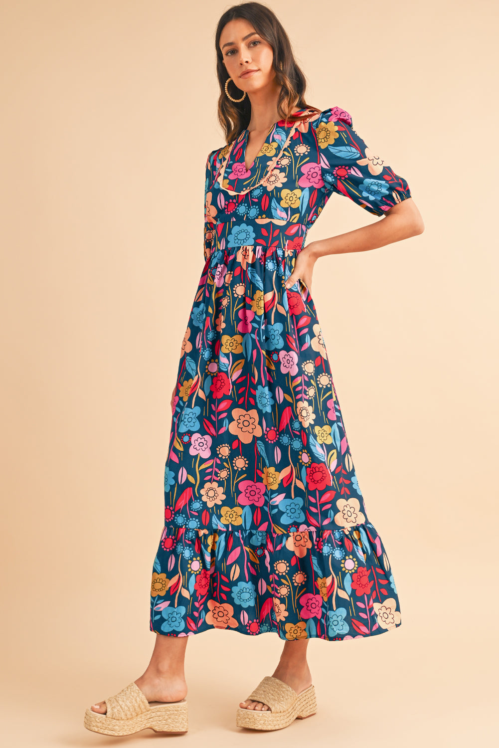 Green Floral Print Split V Neck Puff Sleeve Maxi Dress