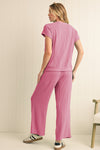 Blue Solid Corded Short Sleeve T Shirt and Wide Leg Pants Set
