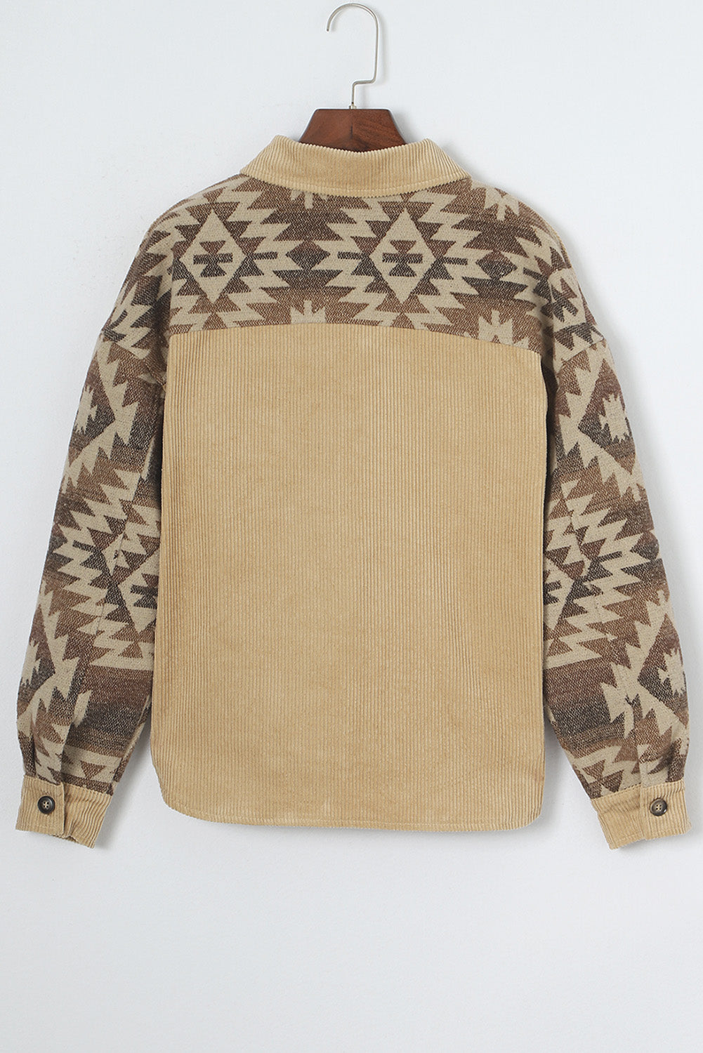 Khaki Geometric Print Patchwork Frayed Edge Corduroy Jacket