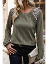 Moss Green Leopard Print Patchwork Crochet Rib Textured Top