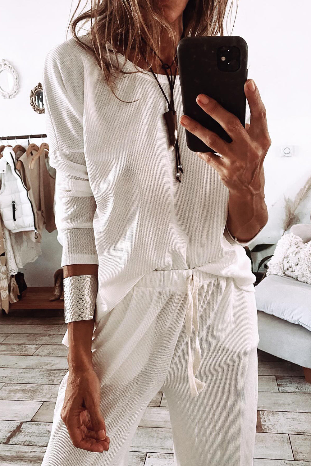 White Textured Long Sleeve T Shirt and Pants Lounge Set