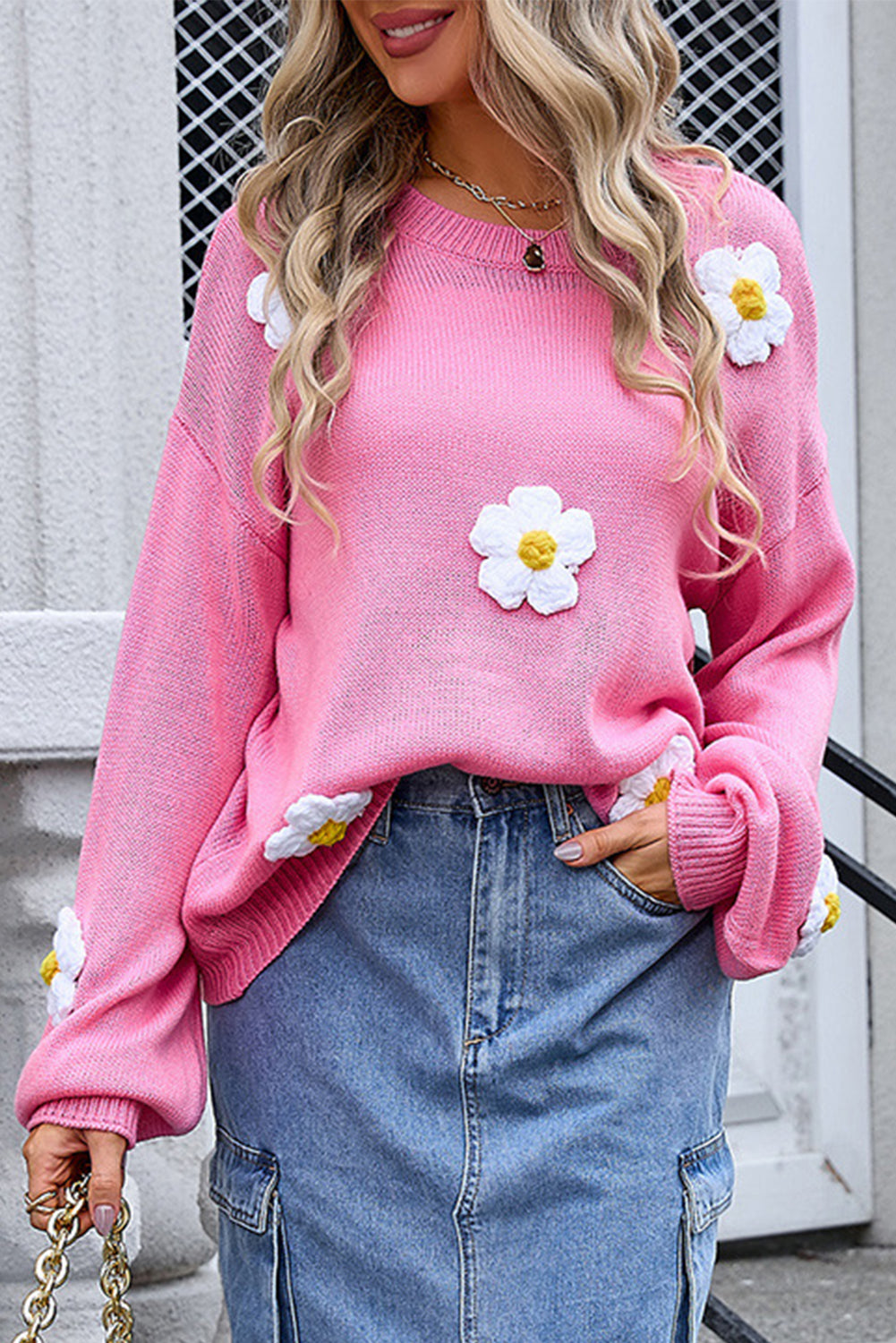 Rose Floral Round Neck Long Sleeve Knit Sweater