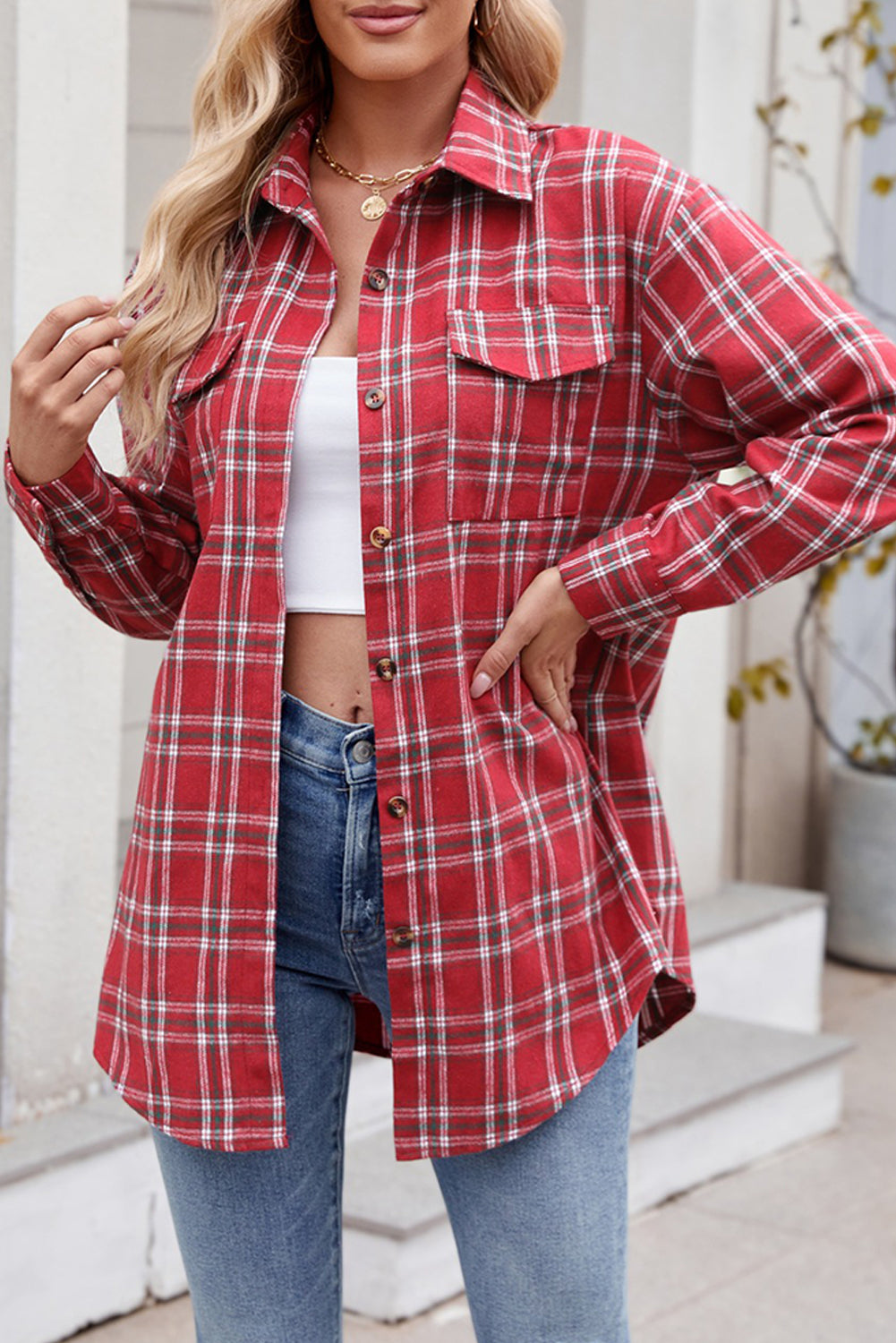 Green Plaid Chest Pocket Button Front Shirt