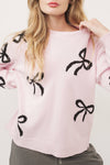 Light Pink Bow Print Long Sleeve Loose Fit Sweater