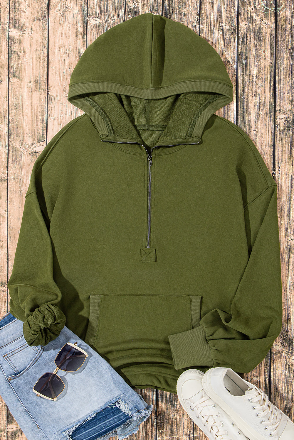 Bonbon Kangaroo Pocket Half Zipper Oversized Hoodie