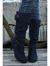 Navy Blue Dual Buckle Strap Side Zip Heeled Mid Calf Boots