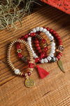 Fiery Red 4pcs Boho Disc Tassel Wing Pendant Beaded Bracelet Set