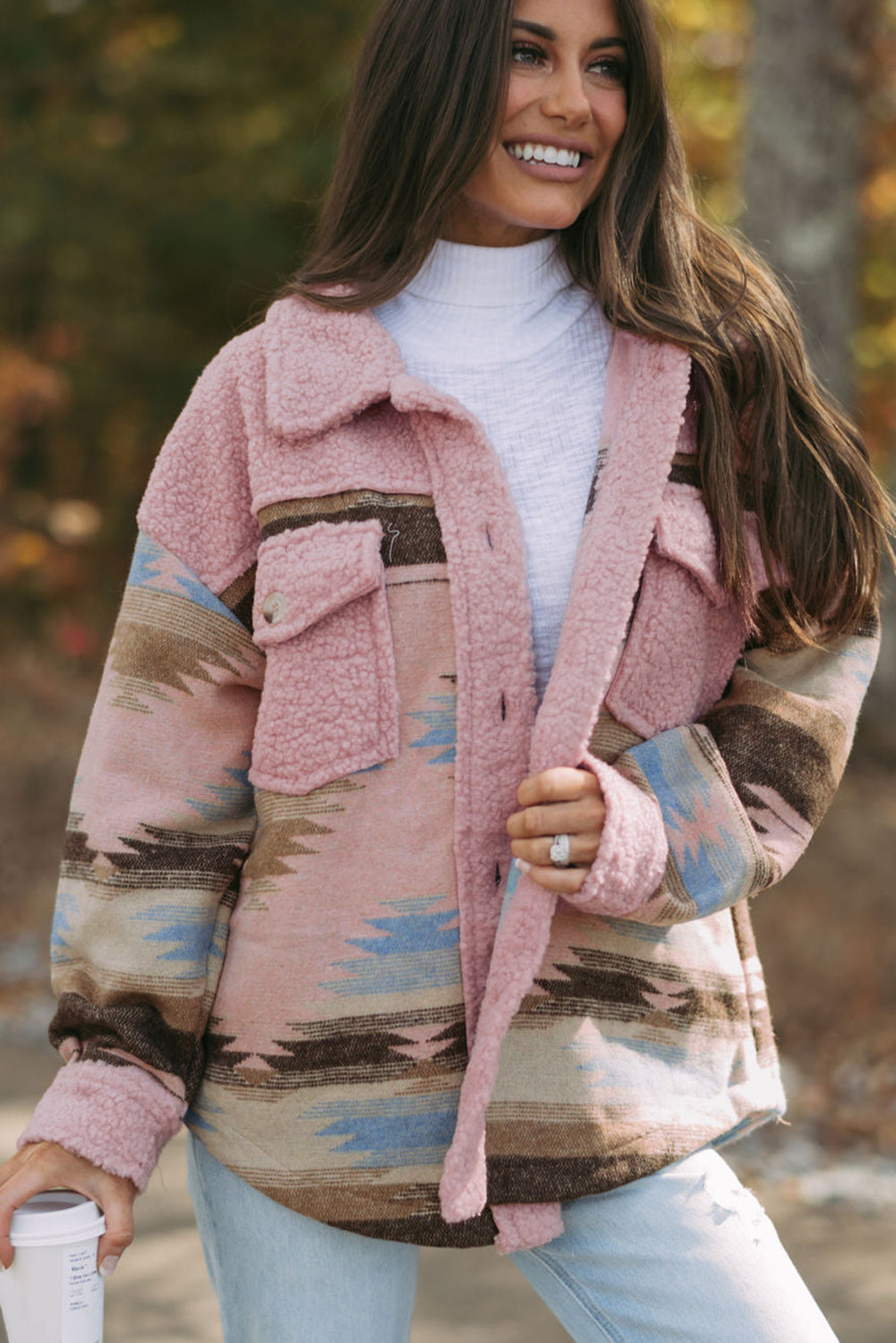 Pink Aztec Print Sherpa Splicing Buttoned Flap Pocket Coat