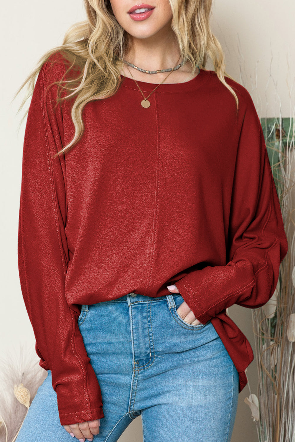 Green Plain Solid Color Casual Seam Long Sleeve Top