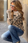 Brown Leopard Pattern Lace Trim Ribbed Detail Button Cuffed Sweater