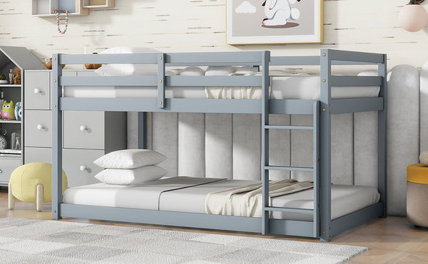 Solid Wooden , Solid Rubber Wooden Twin over Twin Floor Bunk Bed with Ladder ,Upper and Bottom Bed Platforms crafted with Strengthened Slats ,Grey