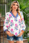 White Floral Print Pop of Color V-neck Long Sleeve Blouse