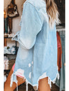 Sky Blue Light Wash Distressed Frayed Long Denim Jacket