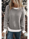 Coffee Stripe Contrast Edge Crew Neck Drop Shoulder Sweater