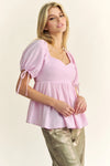 Davi & Dani Solid Elastic Peplum Puffed Sleeves Blouse