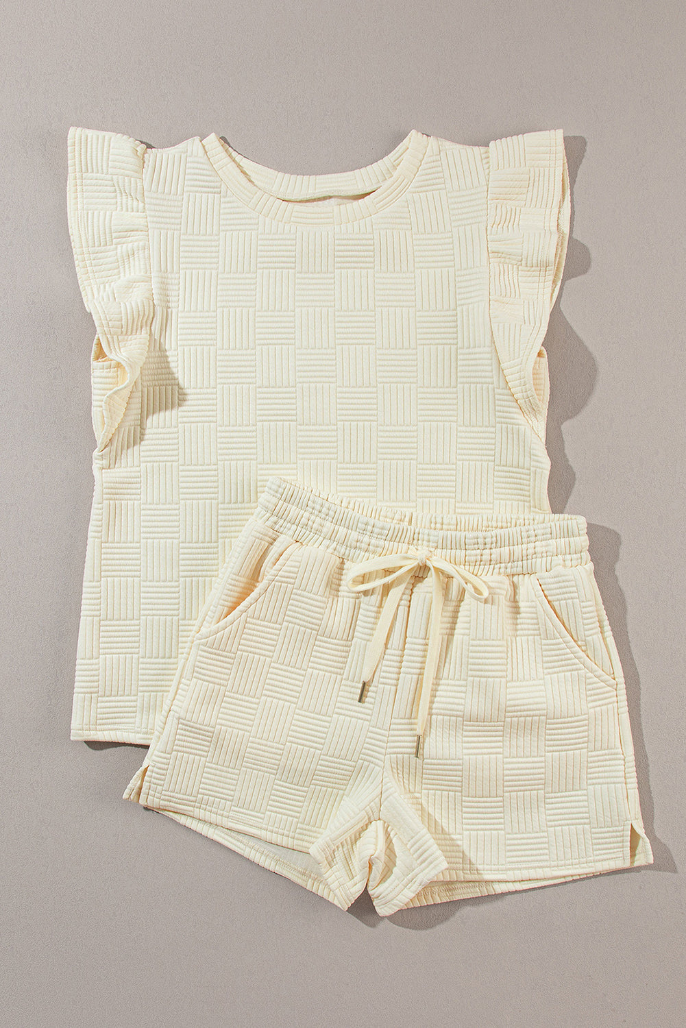 Bonbon Textured Ruffle Sleeve Tee and Drawstring Shorts Set