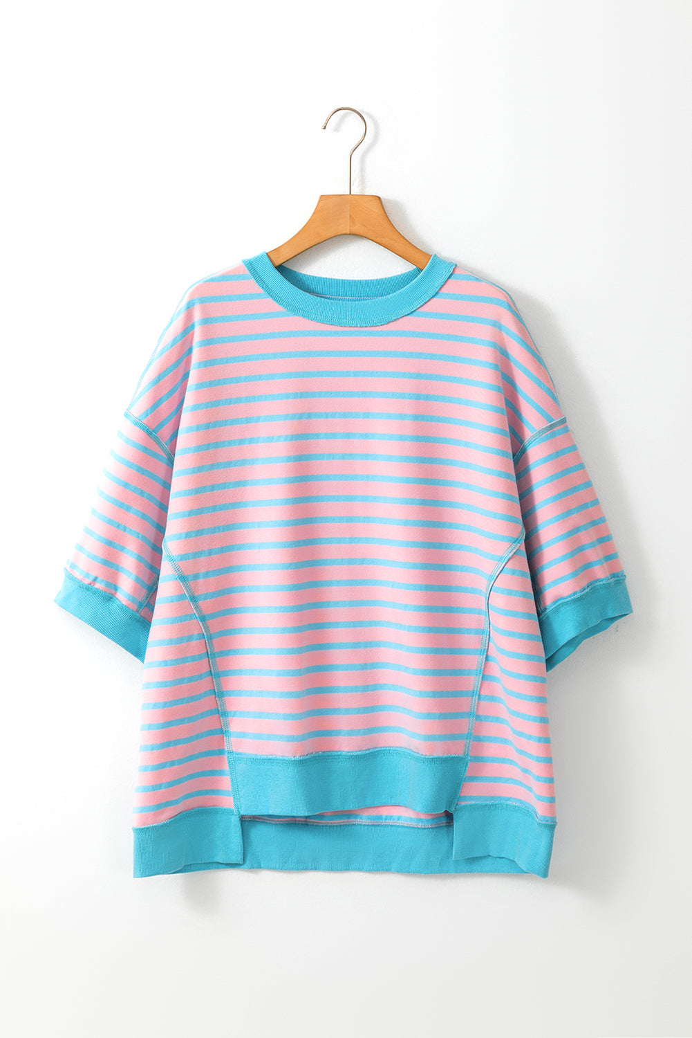 Sky Blue Stripe Contrast Drop Sleeve Loose Top