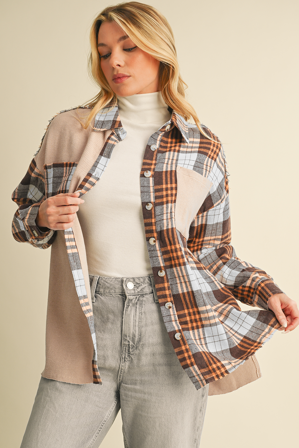 Khaki Plaid Knit Patchwork Chest Pocket Shacket