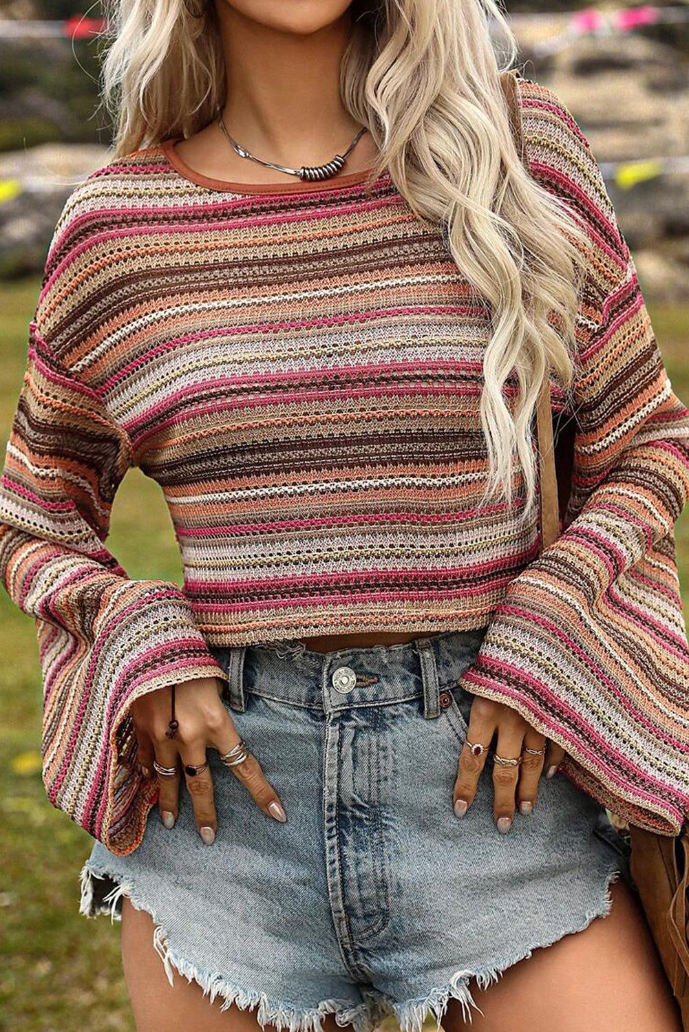 Rose Red Ethnic Striped Cropped Long Sleeve Top