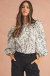 Beige Abstract Print Balloon Sleeve Crew Neck Blouse