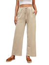 Khaki Drawstring Waist Crinkled Wide Leg Pants