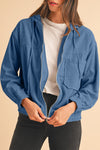 Real Teal Corduroy Drawstring Hooded Pocket Zip Up Jacket