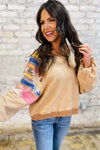 Light French Beige Geometric Patchwork Raglan Sleeve Pullover Sweatshirt