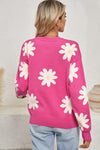 Bright Pink Daisy Ribbed Hem Sweater