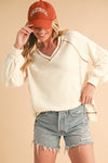 Beige Exposed Seam Crinkle Rib V Neck Pullover Top