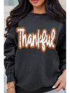 Black Thankful Drop Shoulder Corded Graphic Thanksgiving Sweatshirt