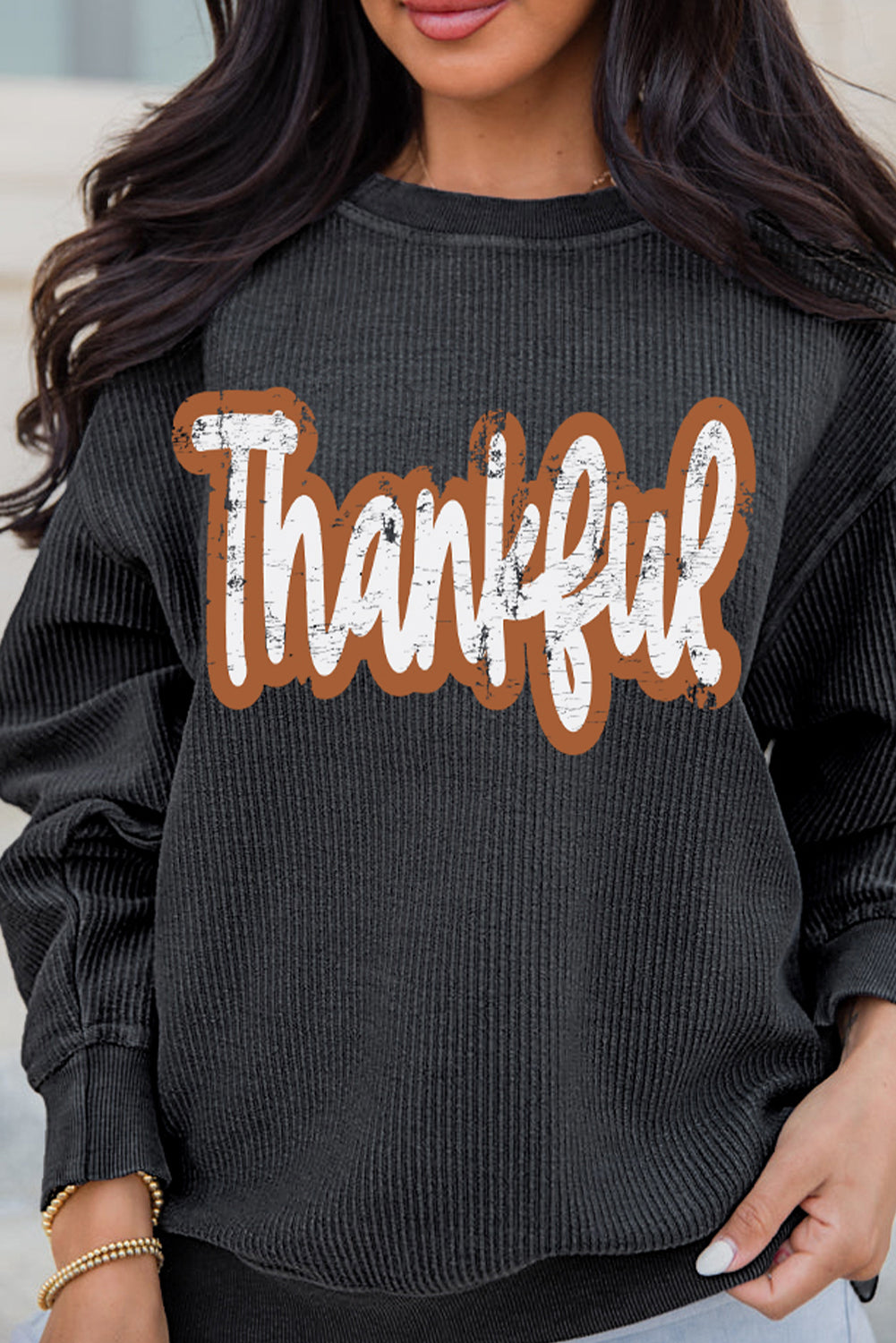 Black Thankful Drop Shoulder Corded Graphic Thanksgiving Sweatshirt