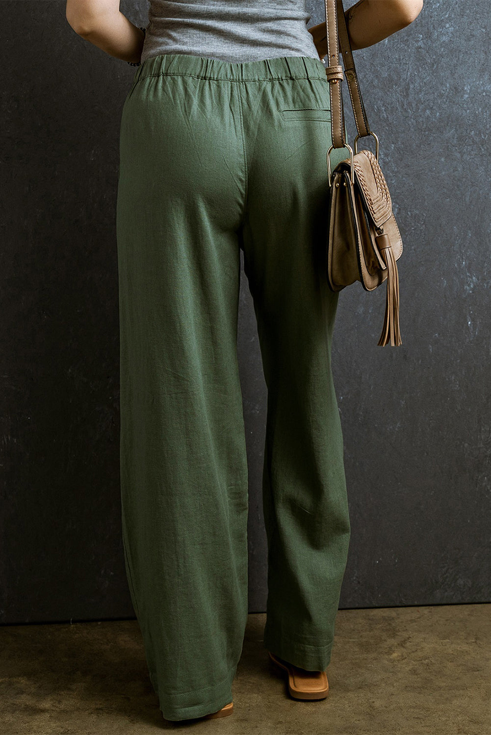 Fern Green Elastic Waist Plain Wide Leg Pants