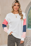 White Color Block Sleeve Ribbed Trim Long Sleeve Top